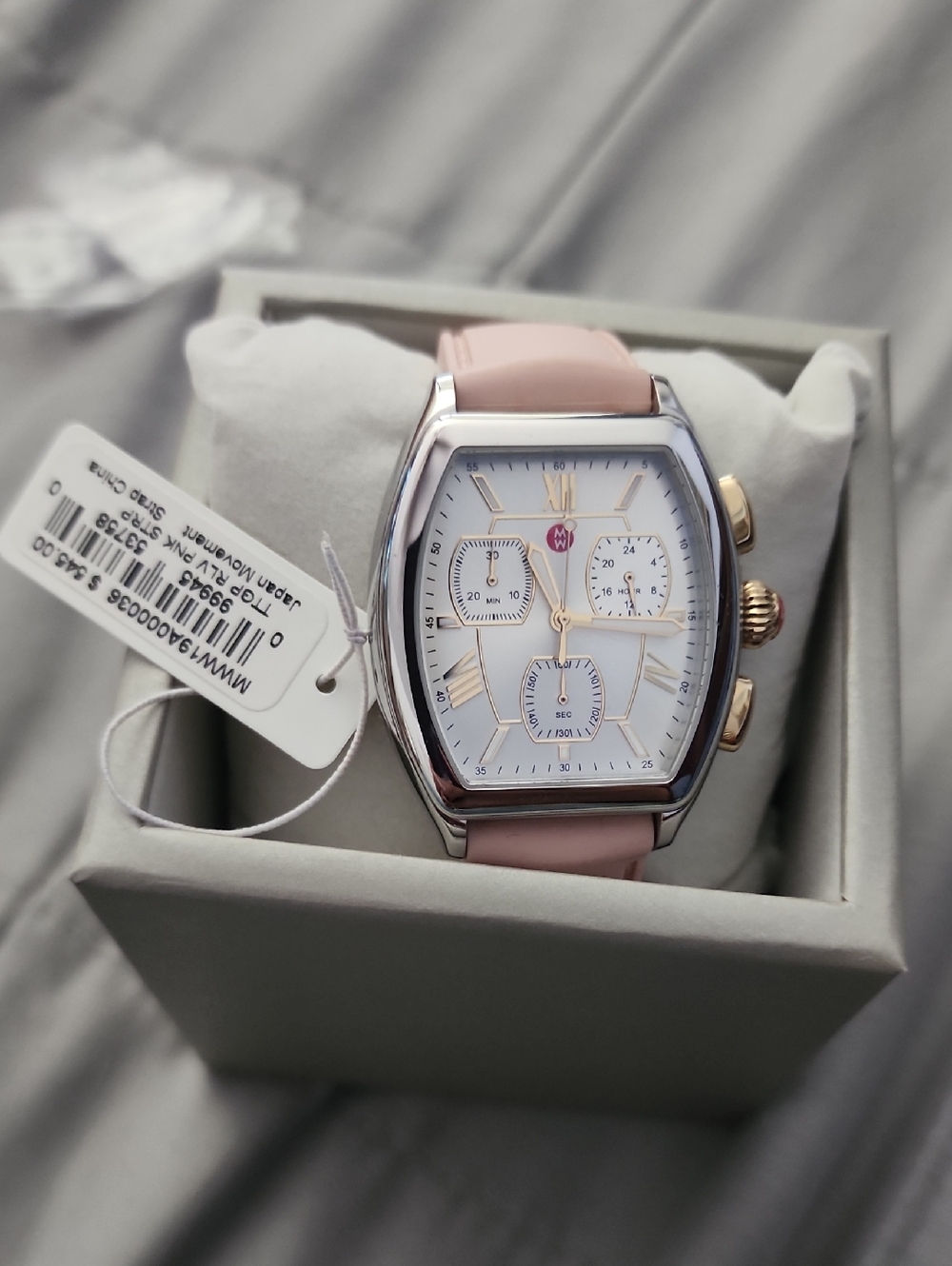 Michele Pink Strap Chronograph with White Dial and Gold Accents BRAND NEW